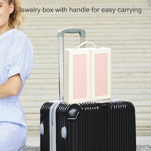 DesignSter Jewelry Box for Women, Jewelry Storage with Mirror, Travel Jewelry Organizer with Handle for Stud Earrings, Rings, Necklaces, Bracelets(Beige & Pink) - Image 7
