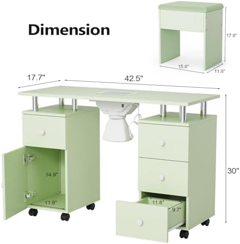 OmySalon Nail Desk and Chair Set, Manicure Table with Dust Collector, Arm Rest, 8 Wheels, Acetone Resistant Desktop, Drawers & Cabinet Storage for Makeup Beauty Salon (Mint Green) - Image 6