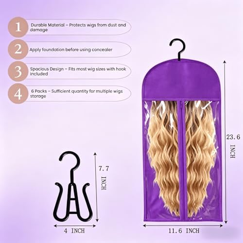 6PCS Wig Storage Bags with Hanger,Hair Extension Holder for Multiple Wigs, Dust-proof, Ideal for Hair Extensions & Accessories (Purple) - Image 5