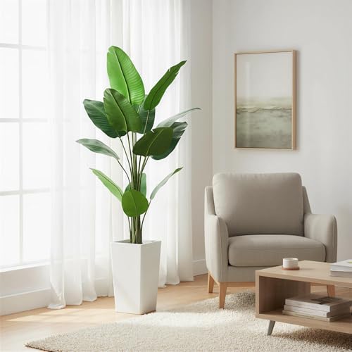 Garvee 4.8FT Artificial Banana Tree, Fake Potted Tropical Tree, Decorative Evergreen Tropical Plant with White Tall Planter for Living Room Entryway Porch Office by Garvee
