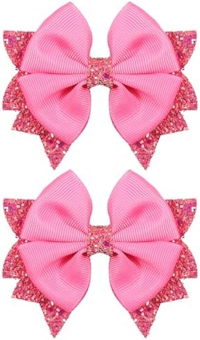 3.5 in Glittery Hot Pink Hair Bows Barrettes, Boutique Ribbon Bow-knot Hair Clips Aligator Hair Pins Sparkly Sequins Accessories for Teens Toddler Girls Kids Womens Set of 2 by KCHIES-AccessoryCollection