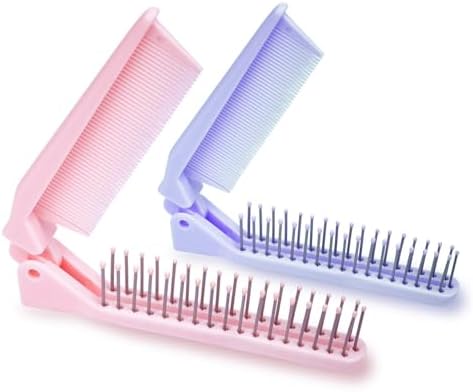 RHOS 2-Pieces Mini Folding Combs for Purse and Travel, Double Headed Small Combs and Brush Set for Women,Girls (Pink & Purple) by RHOS