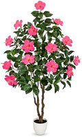Briful Artificial Hibiscus Tree 5.25ft Tall Real Touch Fake Tree with Pink Flowers Potted Faux Plant Indoor Realistic Floor Plants for Front Porch Outdoor Home, Patio Decor by Briful