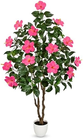 Briful Artificial Hibiscus Tree 5.25ft Tall Real Touch Fake Tree with Pink Flowers Potted Faux Plant Indoor Realistic Floor Plants for Front Porch Outdoor Home, Patio Decor by Briful