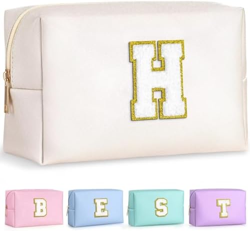 TOPEAST Preppy Bag, Monogrammed Makeup Bags with Zipper, Cute Makeup Pouch, Initial Birthday Gifts Bag for Daughter Friends Sister, Preppy Things for Girls (White H) by TOPEAST