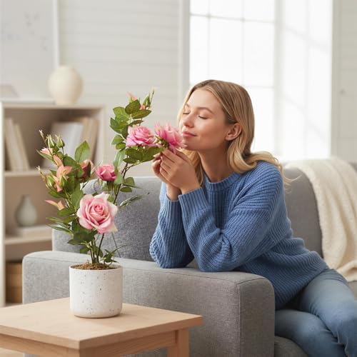 Garvee 2 Pack Rose Trees in Vase, 21.3" Stunning Fake Plants with 13 Silk-Like Rose Blooms, Artificial Flowers Arrangement for Indoor & Outdoor Decor, Living Room, Centerpiece, Porch, Pink - Image 5
