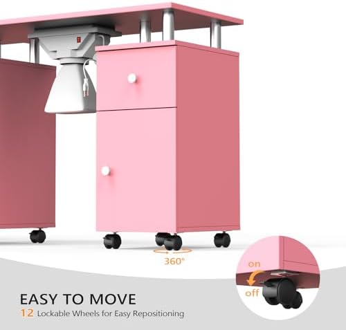 OmySalon Double Manicure Table w/Dust Collector, Nail Table Station for Nail Tech, Makeup Desk w/Wheels Arm Rest Drawers Cabinet Storage, for Beauty Spa Salon, Acetone Resistant (Pink) - Image 5