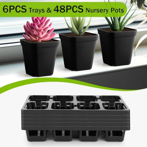 8 Cell Nursery Pots Trays 6 Pack (12" x 6"), 3 inch Square Plastic Nursery Pots 48 Pcs, Durable Carrying Seed Starter Tray, Planting Trays for Holding Small Seedling Pots with Drain Holes (Black) - Image 3