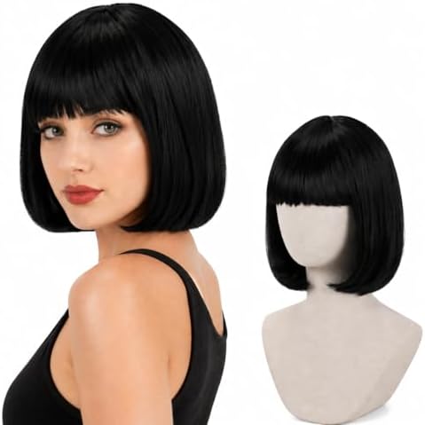 Short Black Bob Inward Curl Wig with Bangs for Women by PARTYTELLER