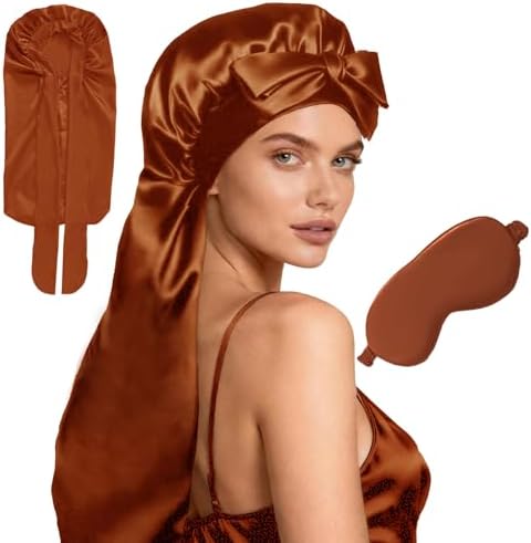 Womens 2Pcs Silk Satin Bonnet Long Hair Bonnets For Sleeping Silky Bonnet With Eye Mask Braids Curly Hairs Sleep Cap by WJingYiJia