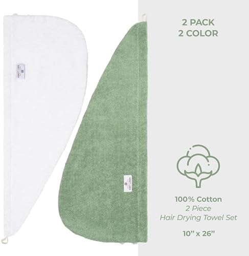 American Soft Linen 100% Cotton Hair Towels for Women, Head Towel Cap, Cotton Hair Turban Towel Wrap for Hair, Soft and Absorbent Cotton Hair Towels 2 Pack, White-Sage Green - Image 5