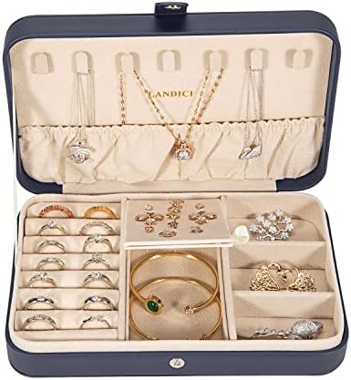 LANDICI Small Jewelry Box for Women Girls, PU Leather Travel Jewelry Case, Portable Jewelry Organizer Storage Holder Display for Ring Earrings Necklace Brooch Men Kids Gift, Dark Blue - Image 2