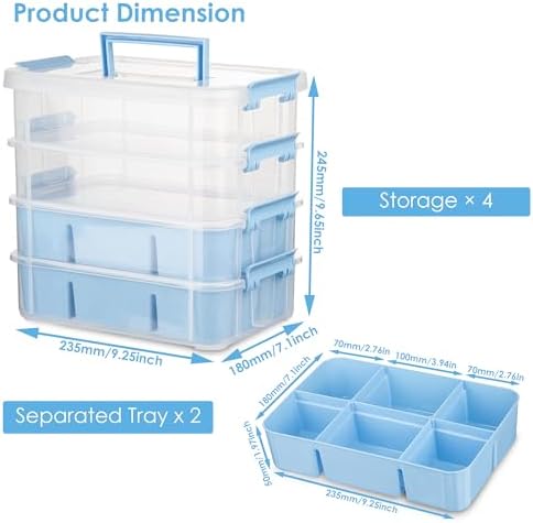 CraftGenes Art Supply Storage Organizer, 4-Tier 10 Qt Box, 2 Trays, Blue - Image 3