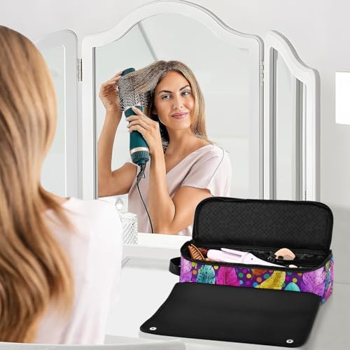 Hair Tools Travel Bag with Heat Resistant Mat 2-in-1 Hot Tools Travel Bag Organizer Flat Curling Iron Travel Case for Straightener Colorful Feathers and Polka Dots - Image 6
