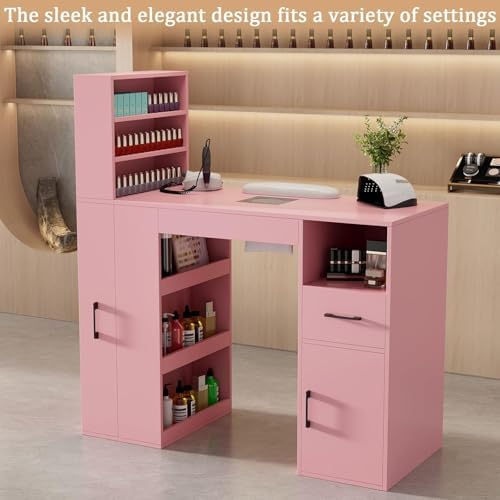 Professional Nail Desk for Nail Tech with Storage Cabinet and Fan – Modern Nail Table for Salon, Nail Tech Table with Drawer, Armrest & Dust Collector,Manicure Table Nail Desk (Pink) - Image 7