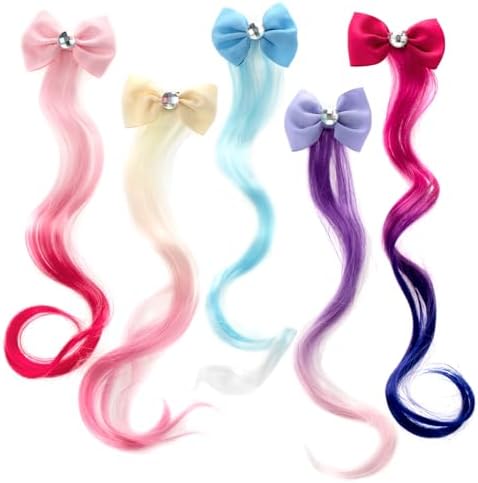 6 Pcs Hair Clips for Girls - 13in Color Hair Extensions Clip for Girls, Curly Clip in Hair Extensions with Cute Unicorn Bow for Toddler Kids Ponytails Accessories by LittleWorld