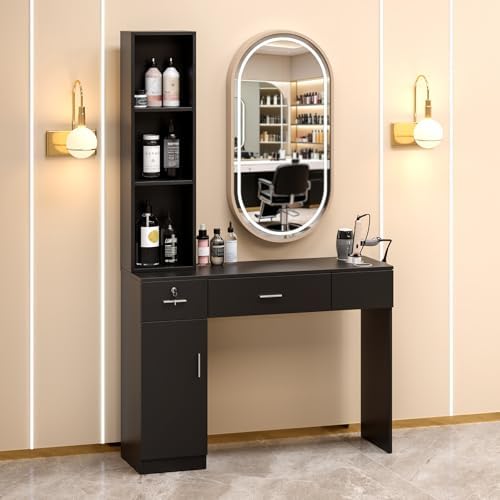OmySalon Salon Stations for Hair Stylist, Locking Barber Station Organizer, Wall Mount Hair Styling Equipment with 2 Drawers, 1 Storage Cabinet, 3 Open Shelves, for Beauty Spa Hairdresser, Black - Image 2