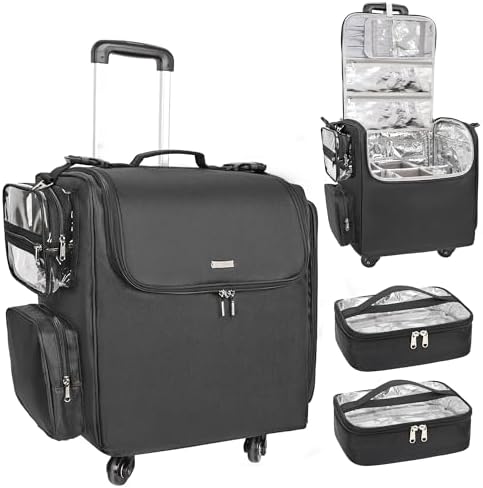 Relavel Rolling Makeup Train Case, Professional Hairstylist Traveling Bag with 4 Wheels & 2 Pouches, Adjustable Dividers, Heat Insulation Full Layer, Portable Cosmetics Storage Organizer Suitcase by Relavel