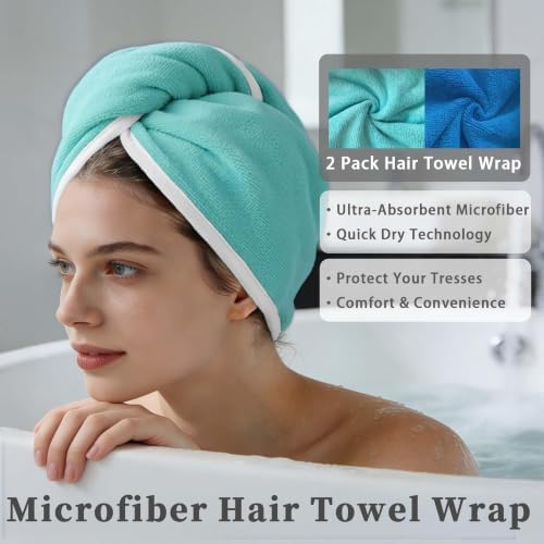 VOOVA & MOVAS Hair Towel Wrap 2 Pack,Aqua Blue,Anti-Frizz Hair Turban - Image 3