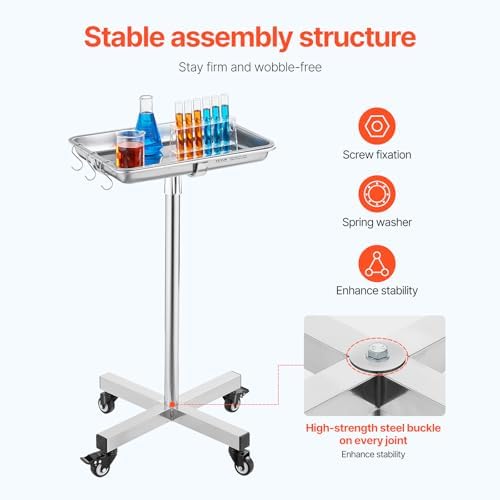 VEVOR Mayo Stand, Stainless Steel Mayo Tray, Load Capacity up to 36 lbs, Adjustable Height 31.9"-55", Medical Tray on Wheels with Removable Tray for Spa, Salon, Clinic, Personal Care - Image 3