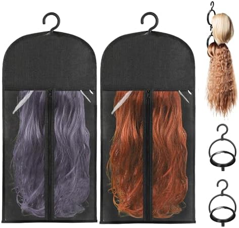 KOLLIEE 2 Pcs Wig Bags Storage with Wig Hanger Dust-proof for Multiple Wigs Hanging Storage Bags Organizer Foldable Easy Carry Suitable for Home Travel Hair Salon Black by KOLLIEE