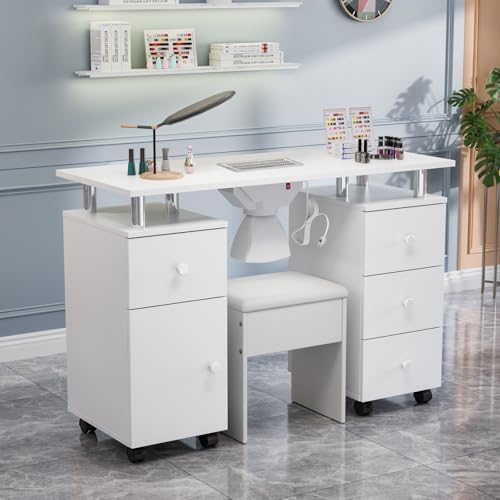 OmySalon Nail Desk and Chair Set, with Stool, Dust Collector, Arm Rest & Wheels, Acetone Resistant Desktop, Manicure Table Nail Table Station for Nail Tech w/Drawers Storage (White) - Image 2
