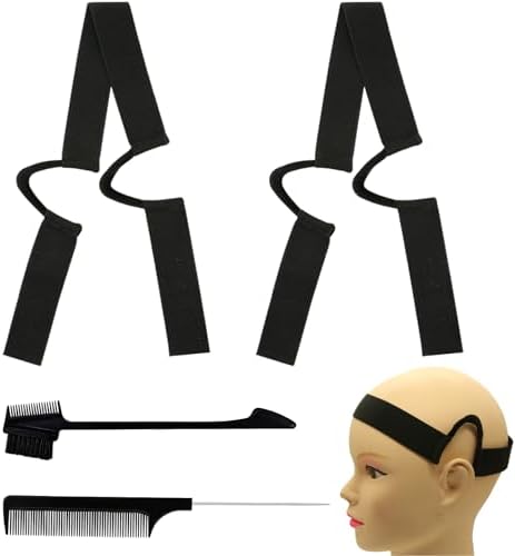 HINGTAI 2Pcs Black Double-Sided Velvet C-Shaped Ear Painless Wig with Two Sideburn Hair Combs, Soft Painless Wig Band with Ear Cut Outs Tools, Comfortable Earless Melting Band Supplies by HINGTAI