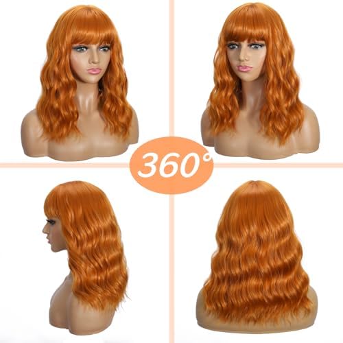 Sebast Pastel Bob Wigs with Bangs for Women Loose Wavy Wig Pastel Wavy Shoulder Length Bob Synthetic Cosplay Wig for Girl Colorful Costume Wigs (Orange) - Image 4