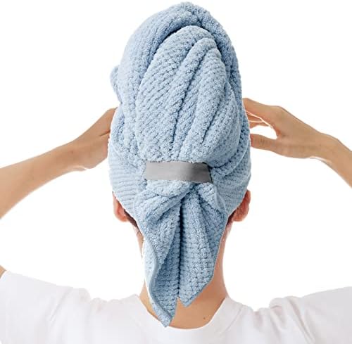 Large Microfiber Hair Towel Wrap for Women, Anti Frizz Hair Drying Towel with Elastic Strap, Fast Dry | Super Absorbent | Quick Dry Hair Turban for Wet, Curly, Long & Thick Hair -Blue by BYCOO