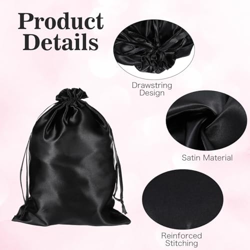 JIEYAO 6 Pieces Wig Bags with Satin Drawstring, Black Silk Wig Storage Bags Storage for Wigs Extension Bundle(Black) - Image 5
