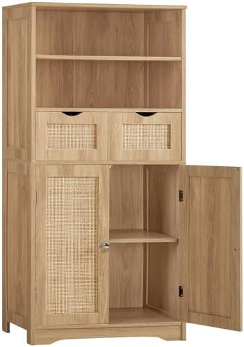 Iwell Tall Storage Cabinet, Rattan Cabinet with 2 Drawers & Adjustable Shelf, Kitchen Pantry Storage Cabient, Entryway Cabinet for Living Room, Dining Room, Home Office, Natural by IWELL
