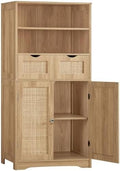 Iwell Tall Storage Cabinet, Rattan Cabinet with 2 Drawers & Adjustable Shelf, Kitchen Pantry Storage Cabient, Entryway Cabinet for Living Room, Dining Room, Home Office, Natural by IWELL