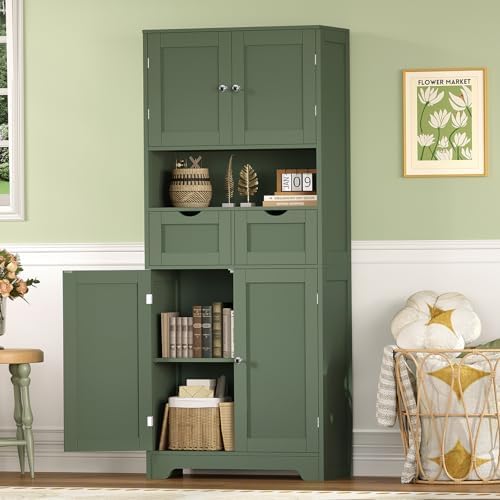 Iwell 58" H Tall Bathroom Storage Cabinet with 2 Drawers & 2 Adjustable Shelves, Bathroom Cabinet with 4 Doors, Tall Cabinet for Living Room, Dining Room, Entryway, Forest Green - Image 5