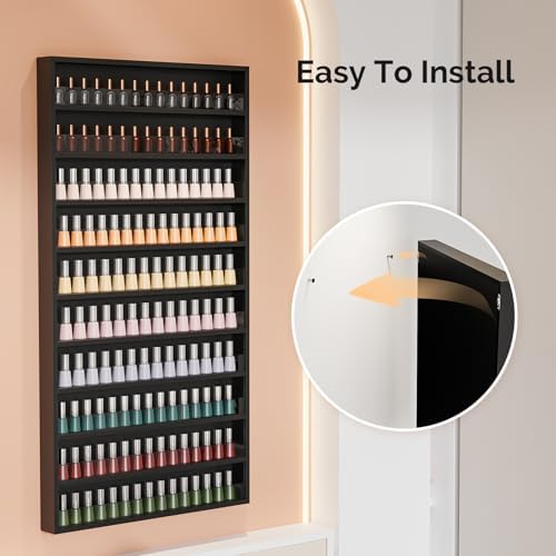 OmySalon Nail Polish Organizer Wall Mount - Holds 200 Bottles with Acrylic Barrier, Salon Display Rack for Home Spa & Nail Studio - Assembly Required, Wooden Polish Storage (Black, 10-Tier) - Image 5