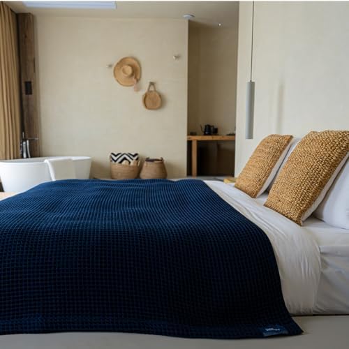 Luxury Organic Japanese Cotton Waffle Towelket Throw Blanket Bedspread for All Sleepers | Soft, Breathable and Thermoregulating (Ocean Blue, 67''x91'') by KOSMU