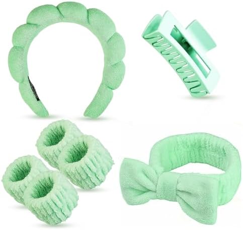7 Pcs Spa Set, Facial Headband and Wristband Set, Skincare Accessories, College Style Girl Idea Gifts, Hair Accessories for Women and Girls（Light Green） by Unknown