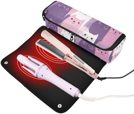 Hair Tools Travel Bag with Heat Resistant Mat Detachable 2-in-1 Curling Iron Travel Case Hot Tools Organizer for Straightener Flat Iron Pink and Purple Cats - Image 2