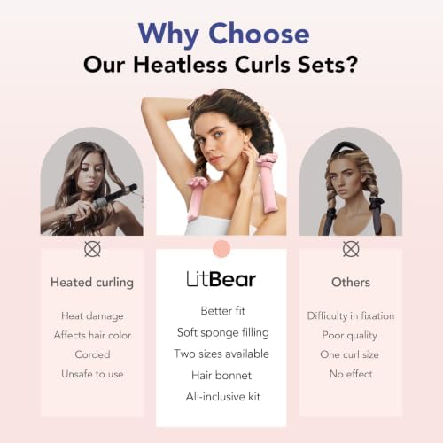 LitBear Heatless Curls Overnight, 2 Sizes of Soft Hair Rollers for Women with Bonnet to Sleep In, No Heat Hair Curlers Set with Scrunchies and Clips, for Long and Medium Hair (Pink) - Image 4