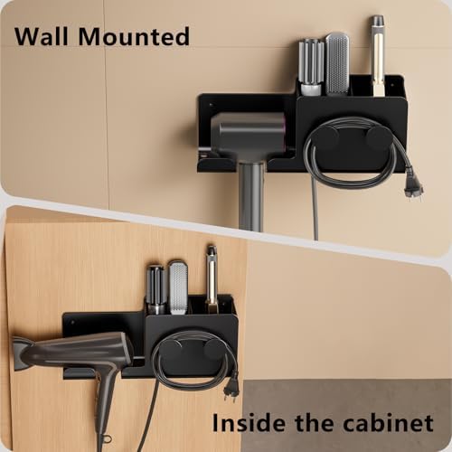 FEZHI Hair Dryer Holder,3-in-1 Hair Tool Organizer Heightened design with Plug&Cord Winding,Blow Dryer Holder Wall Mounted/Cabinet Door for Flat/Curling Irons Hair Straighteners (Black) - Image 4