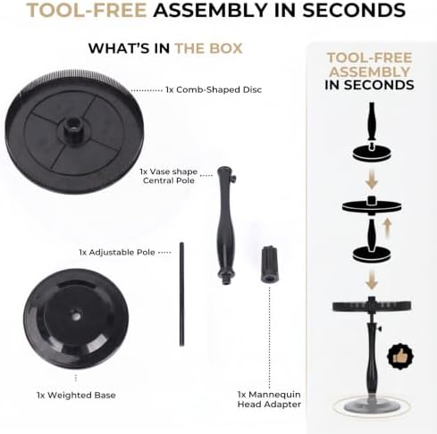 Adjustable Hair Extension Stand with Comb Disc for Clip-Ins, Black - Image 6