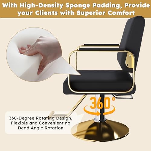 KEIKI Hydraulic Salon Chair, 360° Swivel Barber Chair with Pump, Black Gold - Image 3