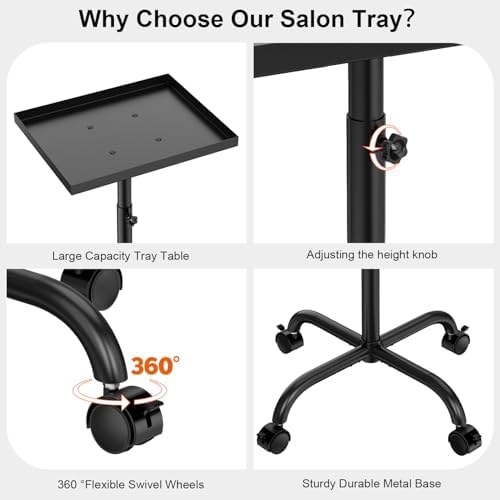 Salon Tray on Wheels, Salon Tray Cart Tattoo Tray Rolling Trolley, Hair Stylist Tray Height Adjustable, Dental Tray Hairdresser Tray Rolling Table Tray Cart (Black) - Image 3