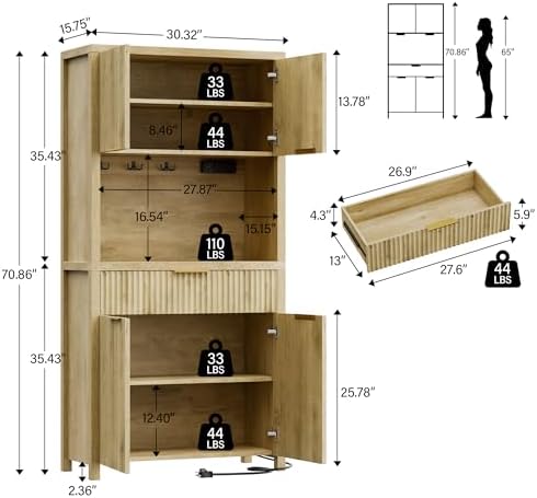 Lulive 71" Fluted Pantry Cabinet with Charging Station, Natrual - Image 2