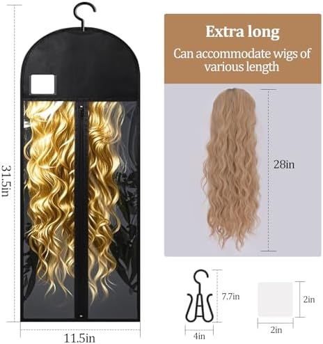 12Pcs Extra Long Wig Storage Bags with Hanger Hair Extension Wig Storage Hanger Bags for Multiple Wigs with Tags Organizer Dust-Proof Home Travel Closet Wigs & Accessories (Black 31.5in) - Image 3