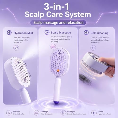 Electric Spray Air Cushion Massage Comb, Upgraded 5 in 1 Rechargeable Air Cushion Hair Brush, Retractable Self-Cleaning Steam Brush for Frizzy Hair & Scalp Care, Anti-Static & Detangling (Purple) - Image 2