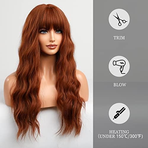 HAIRCUBE Orange Wig with Bangs Long Copper Red Curly Wigs for Women Long Auburn Wig Heat Resistant Natural Synthetic Wig for Daily Use - Image 3