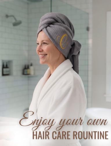 InnoBeta Large Hair Towel for Women, Microfiber Hair Wrap, Gray, Initial T - Image 2