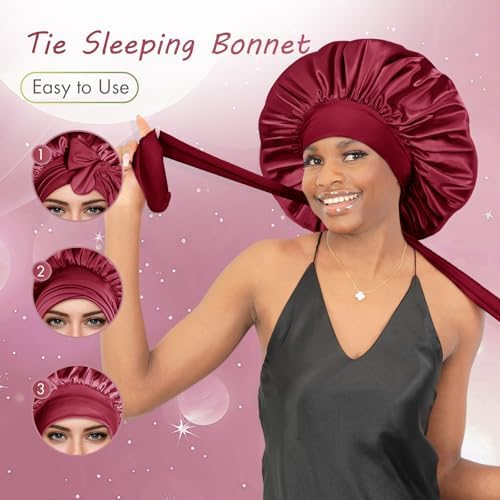 BONNET QUEEN XL Large Silk Like Bonnet for Sleeping for Curly Hair,Satin Bonnet with Adjustable Tie Band,Dark Red - Image 4
