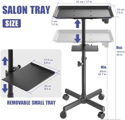 Salon Tray Cart with Storage Platform, Aluminum Tattoo Tray with Wheels Adjustable Height Salon Tray Equipment Services Instrument Storage Tray Accessories for Salon and Spa, Black - Image 2