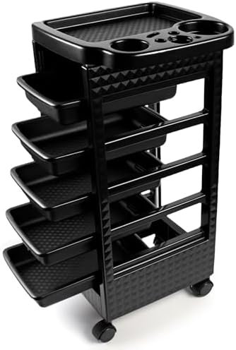 Hair Styling Salon Trolley Cart with Wheels and 5 Drawers,Rolling Cart for Hair Stylist, Beauty Salon Equipment,Tattoo(Black) by DAMGOLOZA
